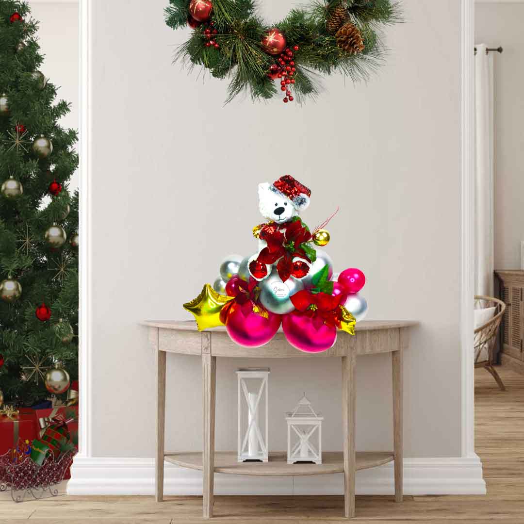 Christmas balloon bouquet with white polar bear plush. Balloons Salem Oregon. Size chart