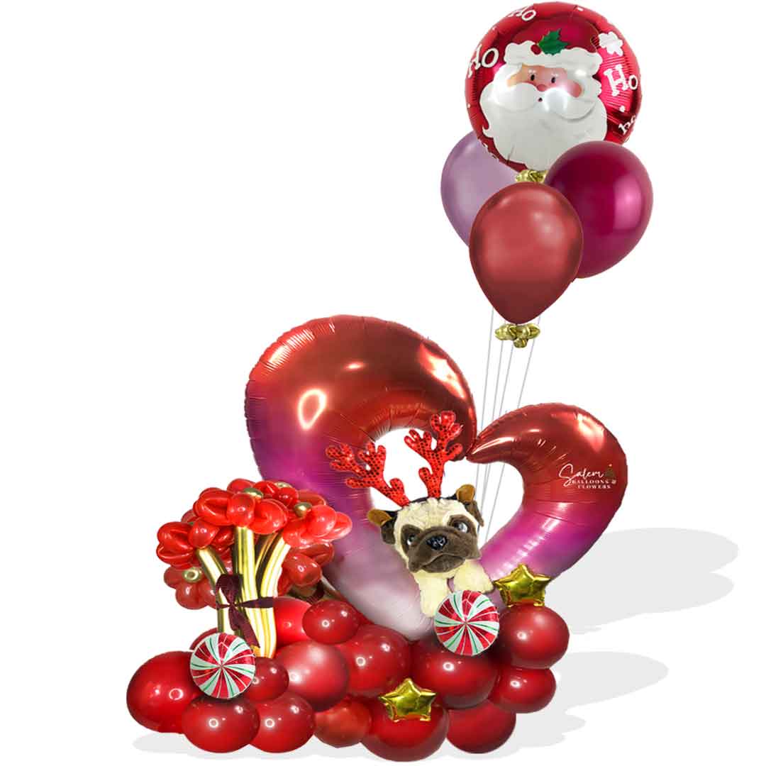 Pug puppy poking through a decadent open heart adorned with peppermint-style balloons and helium balloons. Balloons Salem Oregon