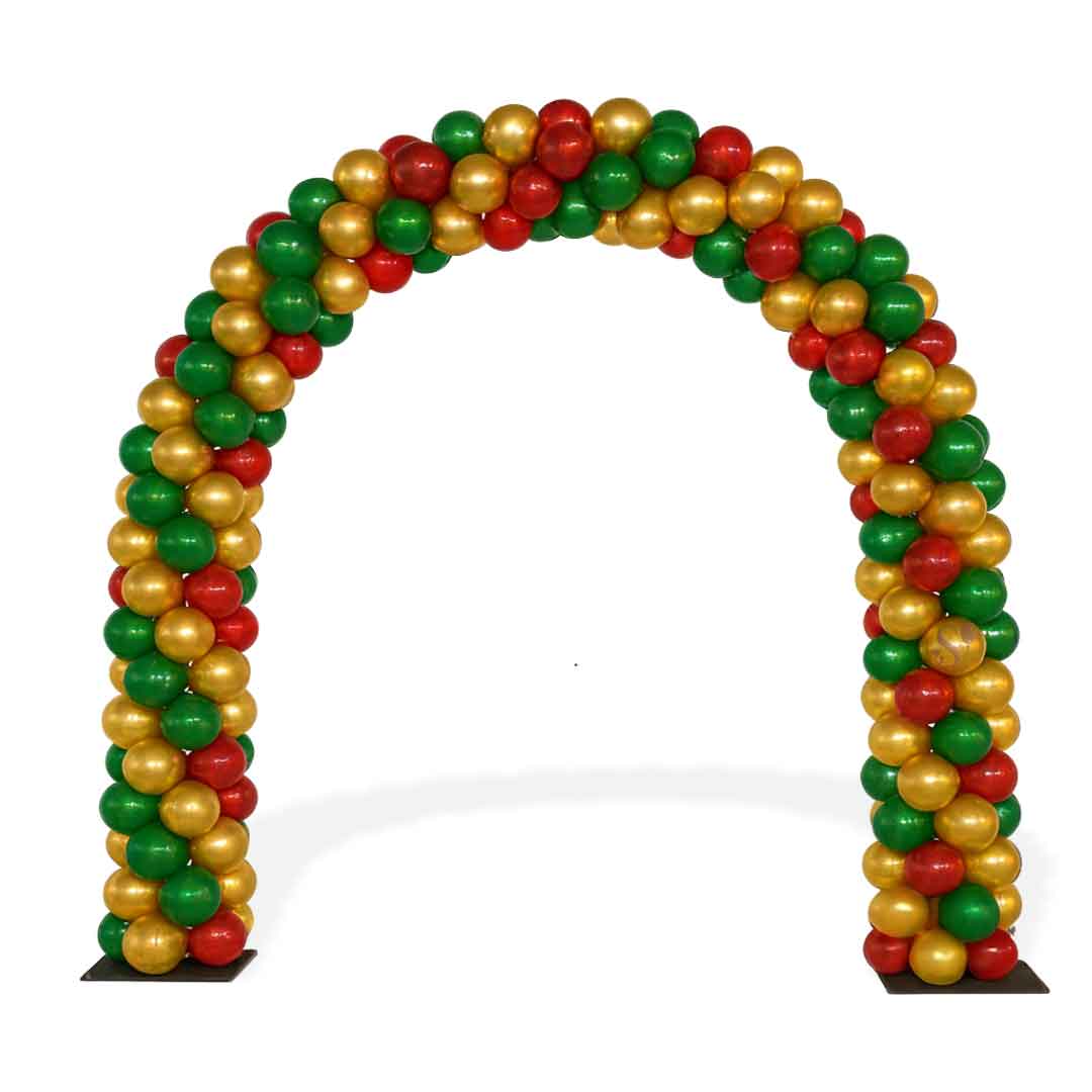 Balloon arch with red, gold, and green balloons on a white background. Balloon decor. Oregon.