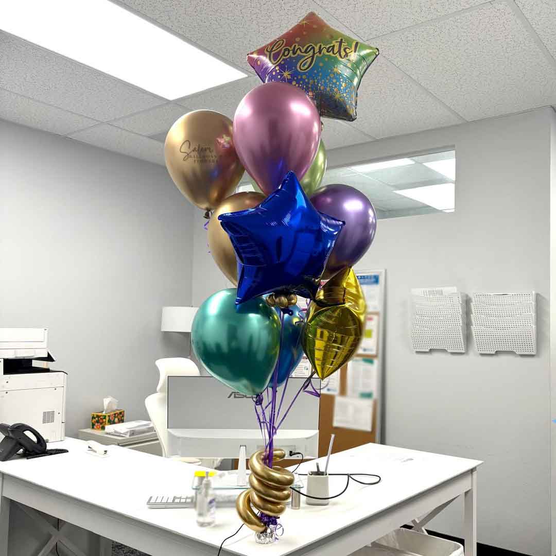 Colorful Congrats balloon Bouquet. with stars and chrome balloons. Oregon Balloon Delivery.
