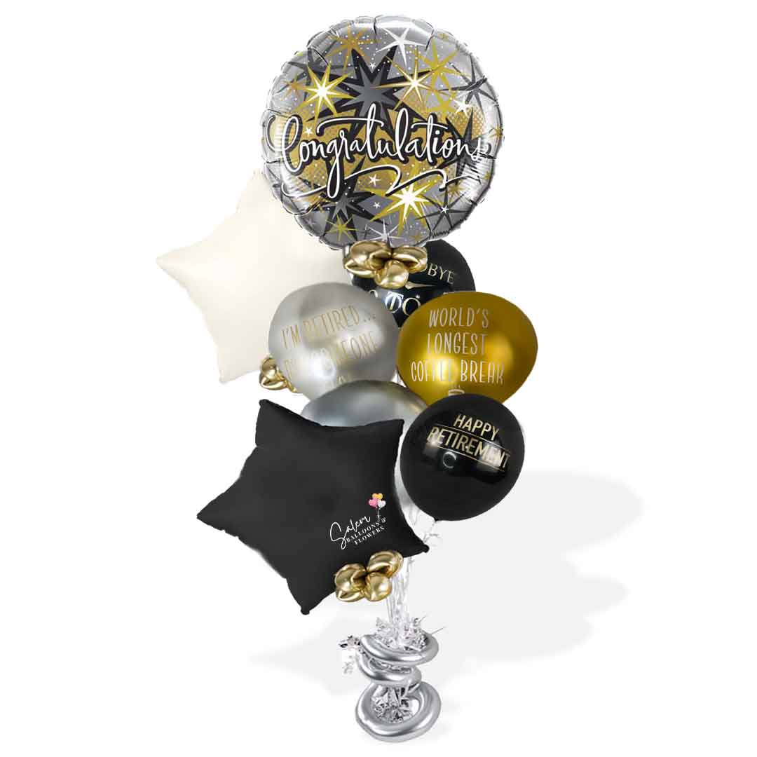 Congratulations on your retirement balloon bouquet. in silver black and gold color balloons. Salem Keizer oregon balloon delivery