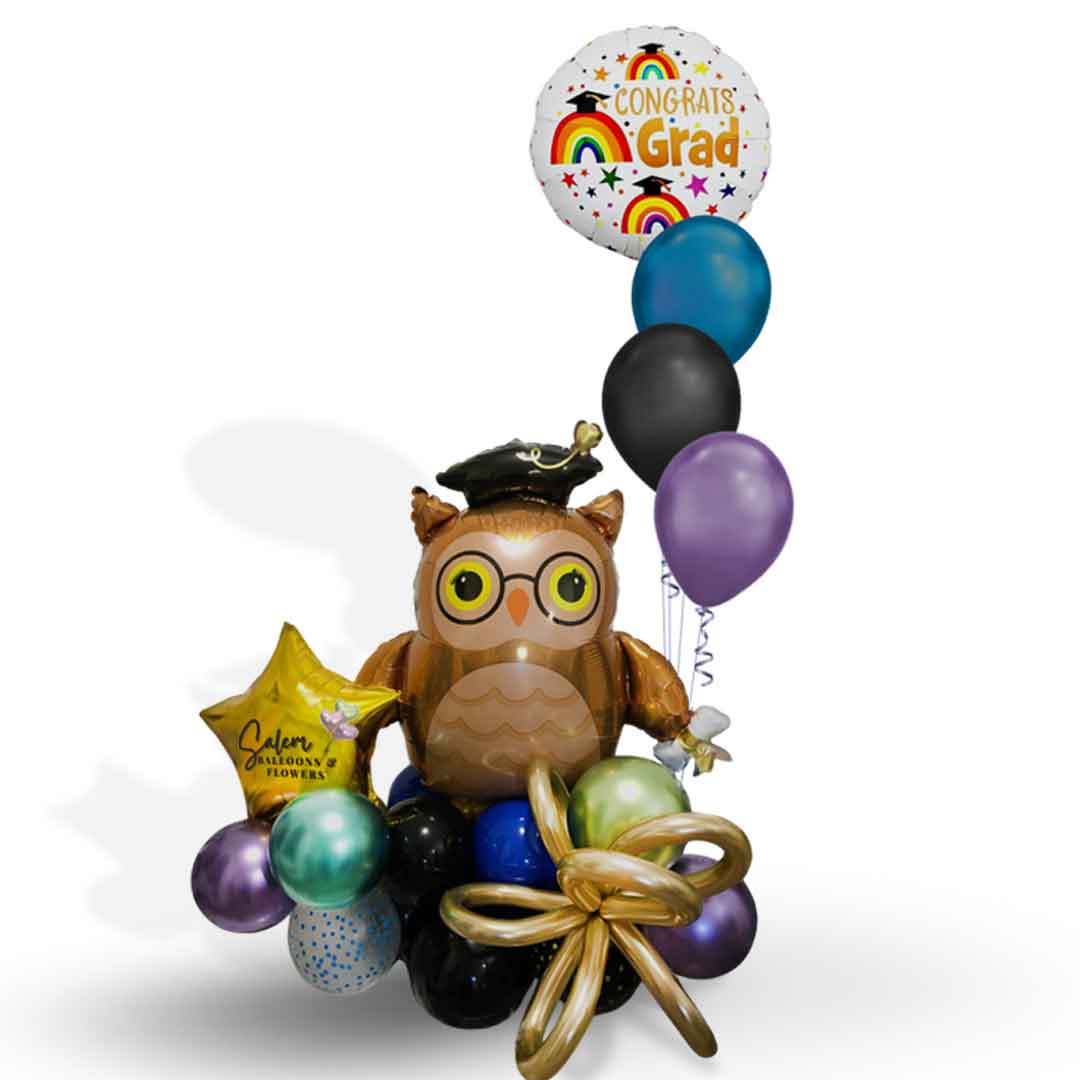 Colorful balloon bouquet, featuring a large Owl shaped balloon holding her diploma and a set of helium balloons with a 