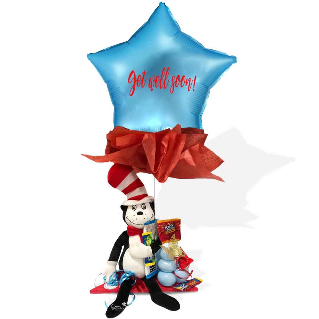 Get well balloon bouquet with Dr. Seuss plush sitting on a wooden base, with candy and a star balloon with a 