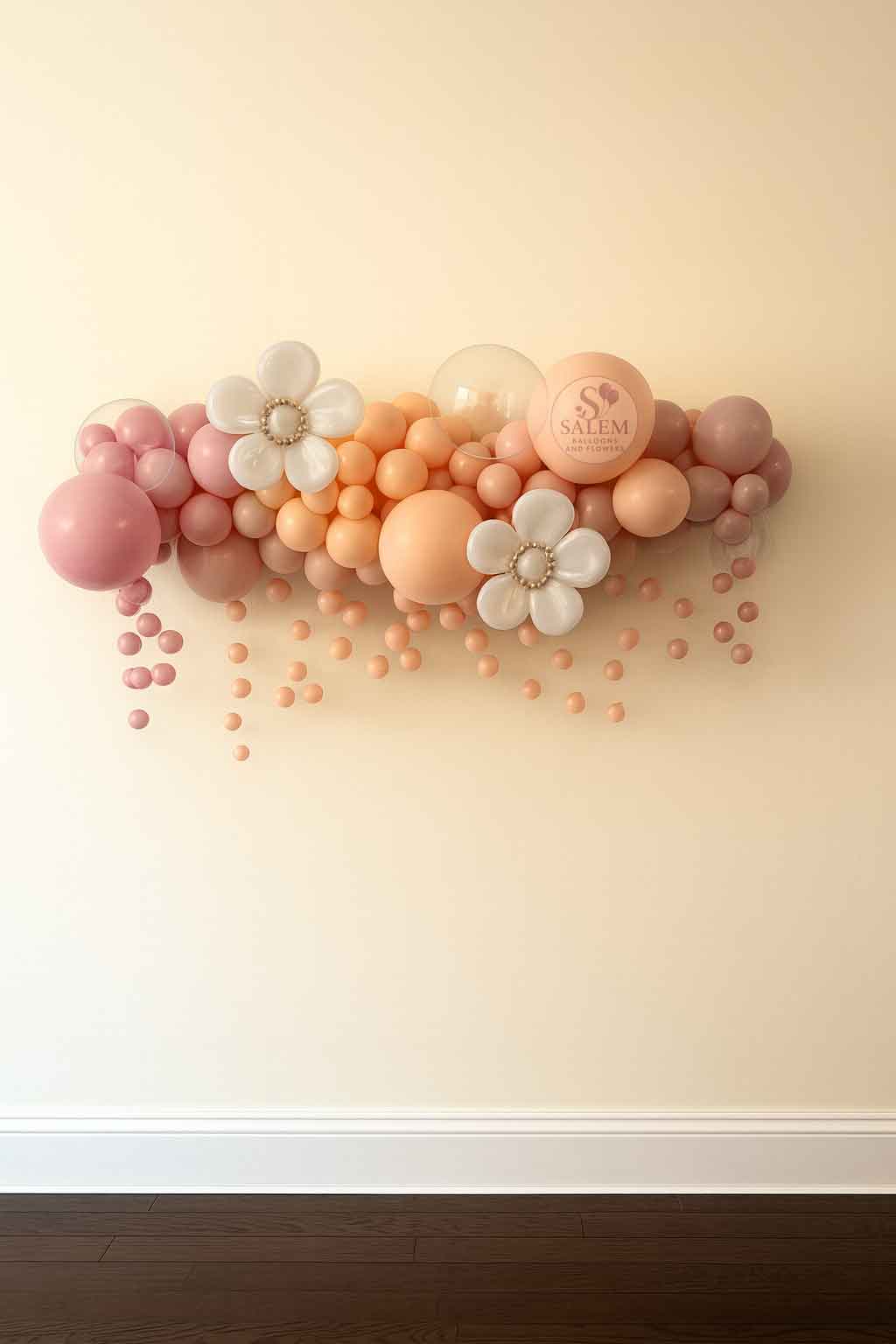 Organic balloon garland enhanced with balloon flowers, bubble balloons and a balloon drop cascade in pink, blush and cream hanged on a white wall. Balloon decor. Oregon.