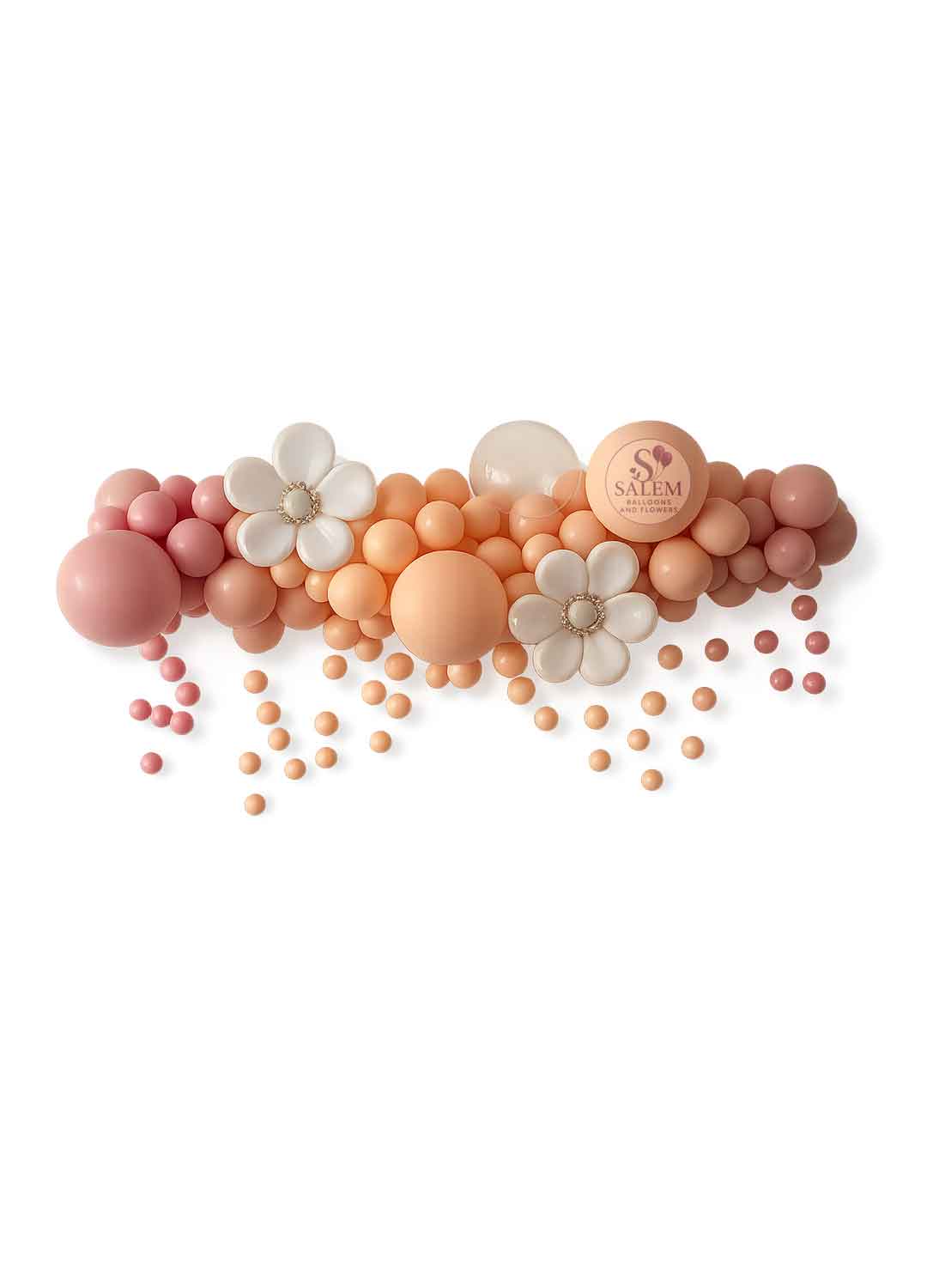 Organic balloon garland enhanced with balloon flowers, bubble balloons and a balloon drop cascade in pink, blush and cream. Balloon decor. Oregon.