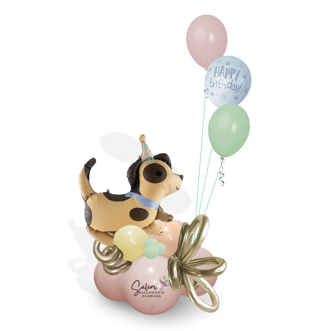 Birthday Balloon Bouquet in pastel colors, featuring a beige dog balloon with brown spots  and decorated with curly balloons. Oregon Balloon delivery.