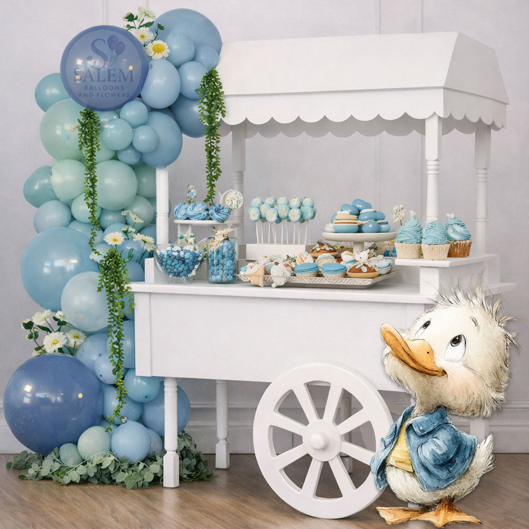 White Candy Cart decorated with a large balloon garland in different blue tones with flowers and a cute Duklet cutout wearing a blue jacket. The candy cart is filled with all kind of sweets in a white room. Balloon decor. Oregon