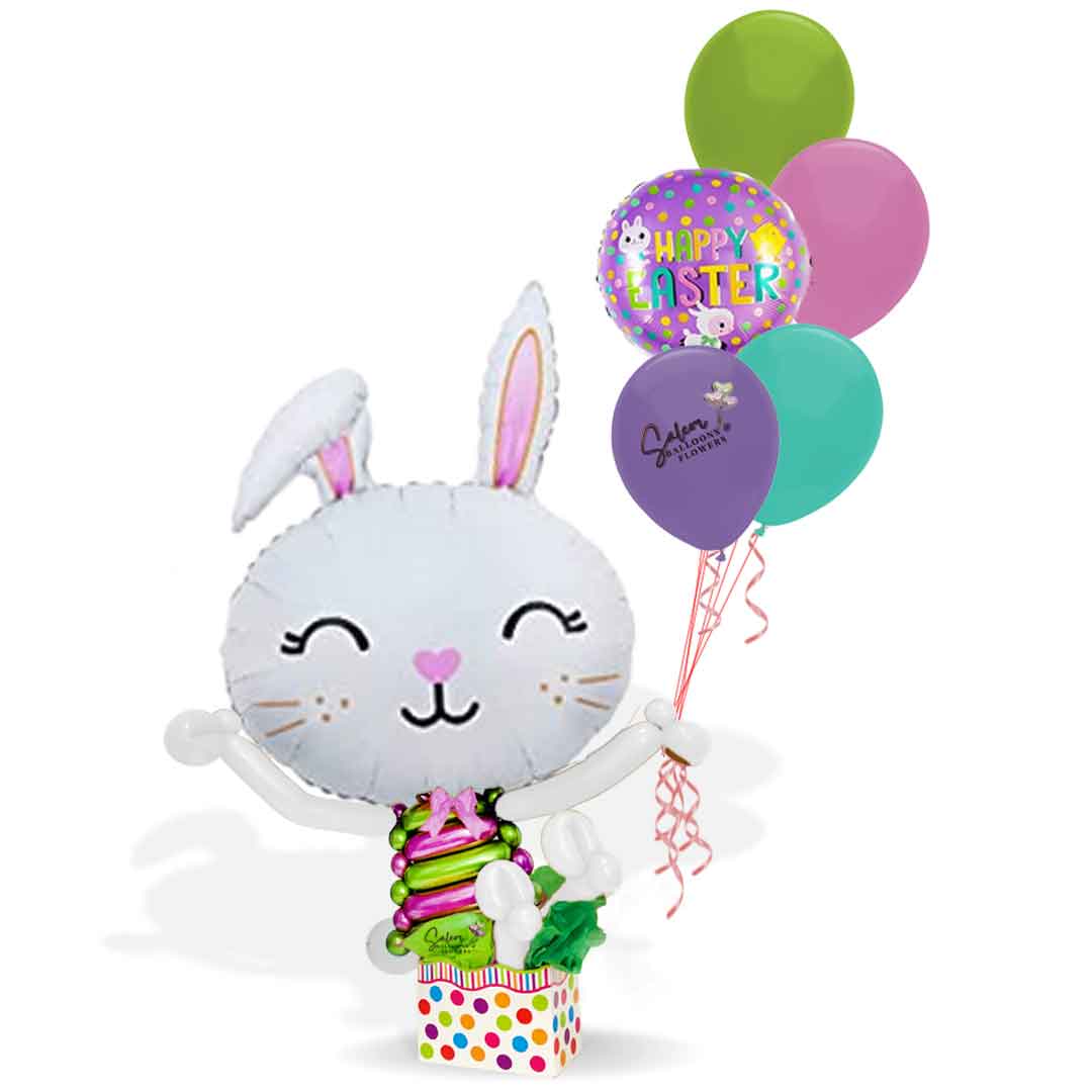 Easter bunny Mylar balloon sitting in a polka-dots box holding a helium balloon bouquet. Delivery in Salem Oregon and nearby cities.