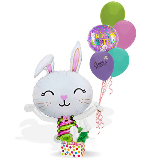 Easter bunny Mylar balloon sitting in a polka-dots box holding a helium balloon bouquet. Delivery in Salem Oregon and nearby cities.