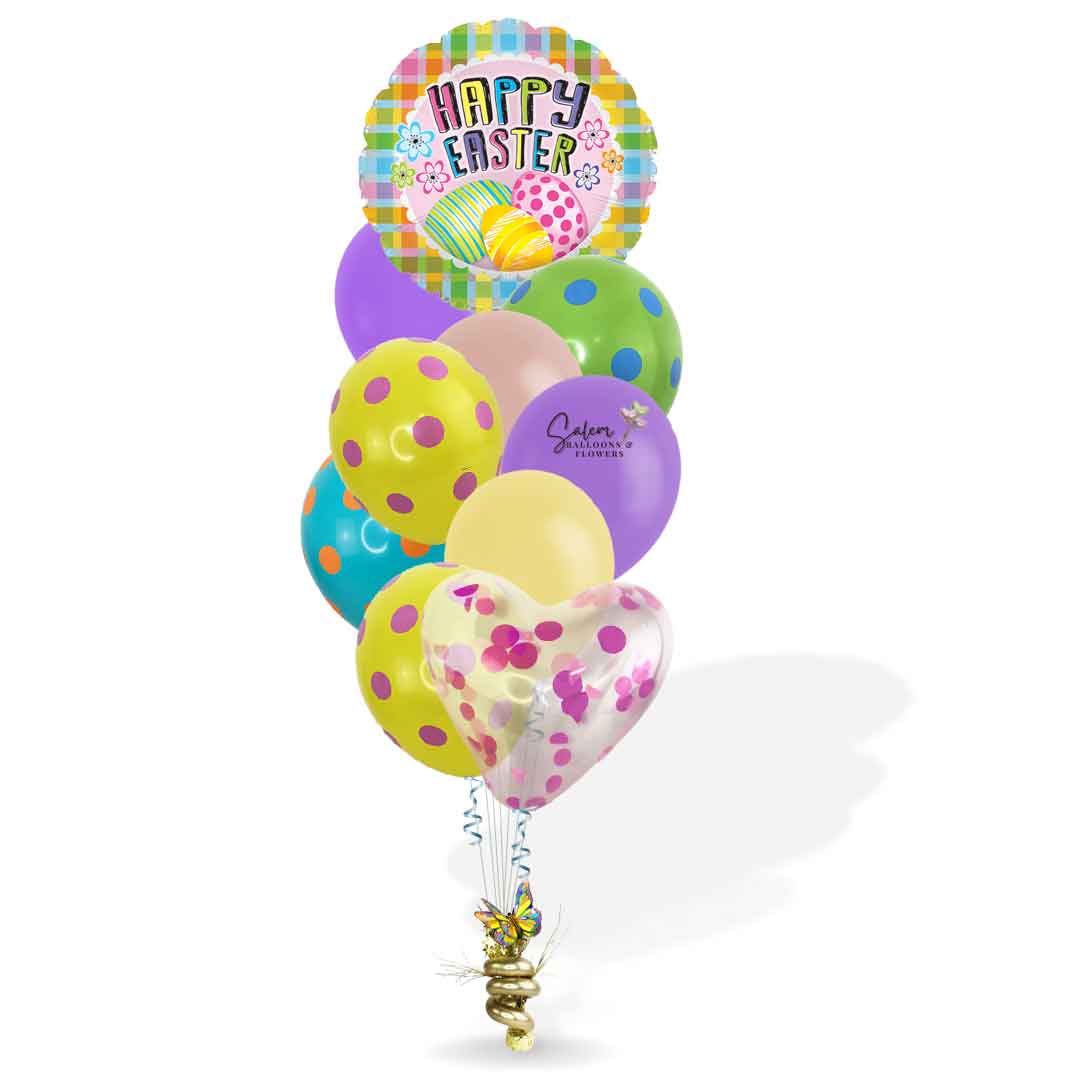 Happy easter balloon bouquet with polka-dots balloons in vibrant colors. Balloon delivery Salem Oregon