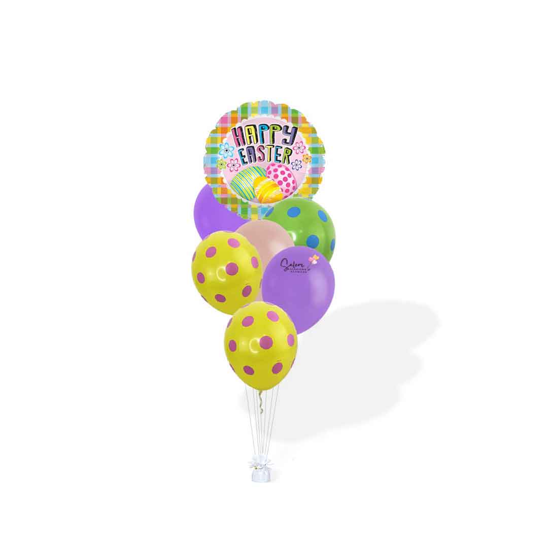 Happy easter balloon bouquet with polka-dots balloons in vibrant colors. Balloon delivery Salem Oregon