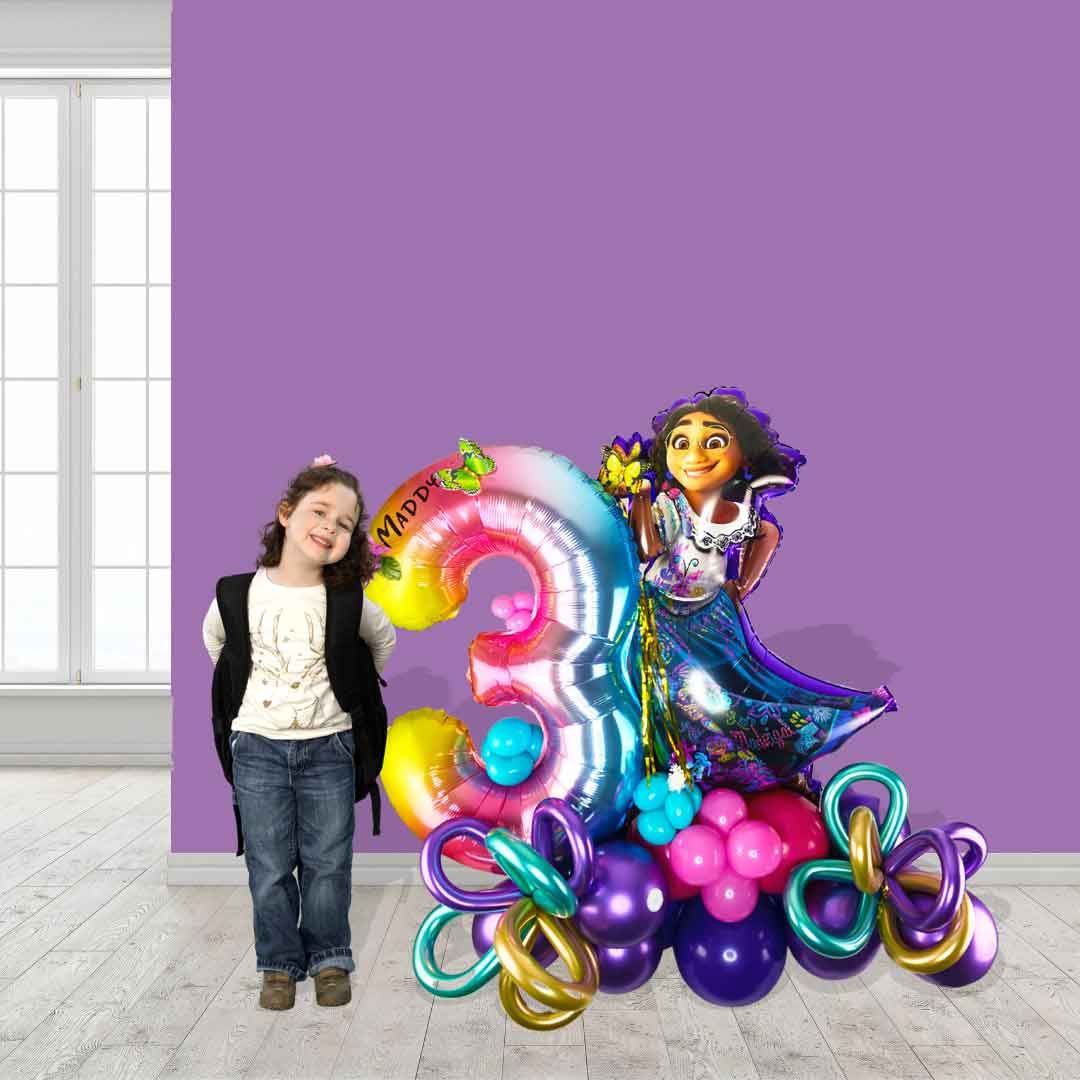 little girl posing with a "Encanto" themed number balloon bouquet. Balloon delivery in Salem Oregon and nearby cities.