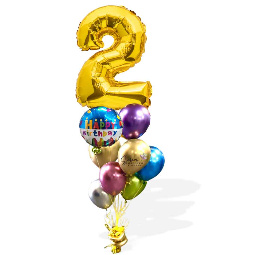 One Extra large gold balloon number plus a  happy birthday Mylar balloon and a set of colorful  Chrome balloons anchored to a decorated balloon weight. Delivery in Salem-Keizer Oregon and nearby cities.