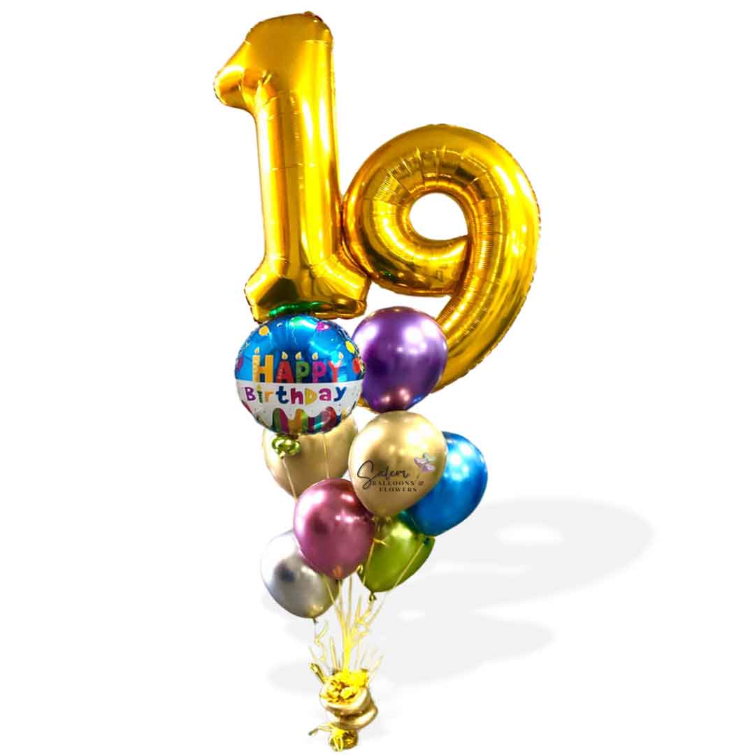 2 Extra large gold balloon numbers plus a  happy birthday Mylar balloon and a set of colorful  Chrome balloons anchored to a decorated balloon weight. Delivery in Salem-Keizer Oregon and nearby cities.