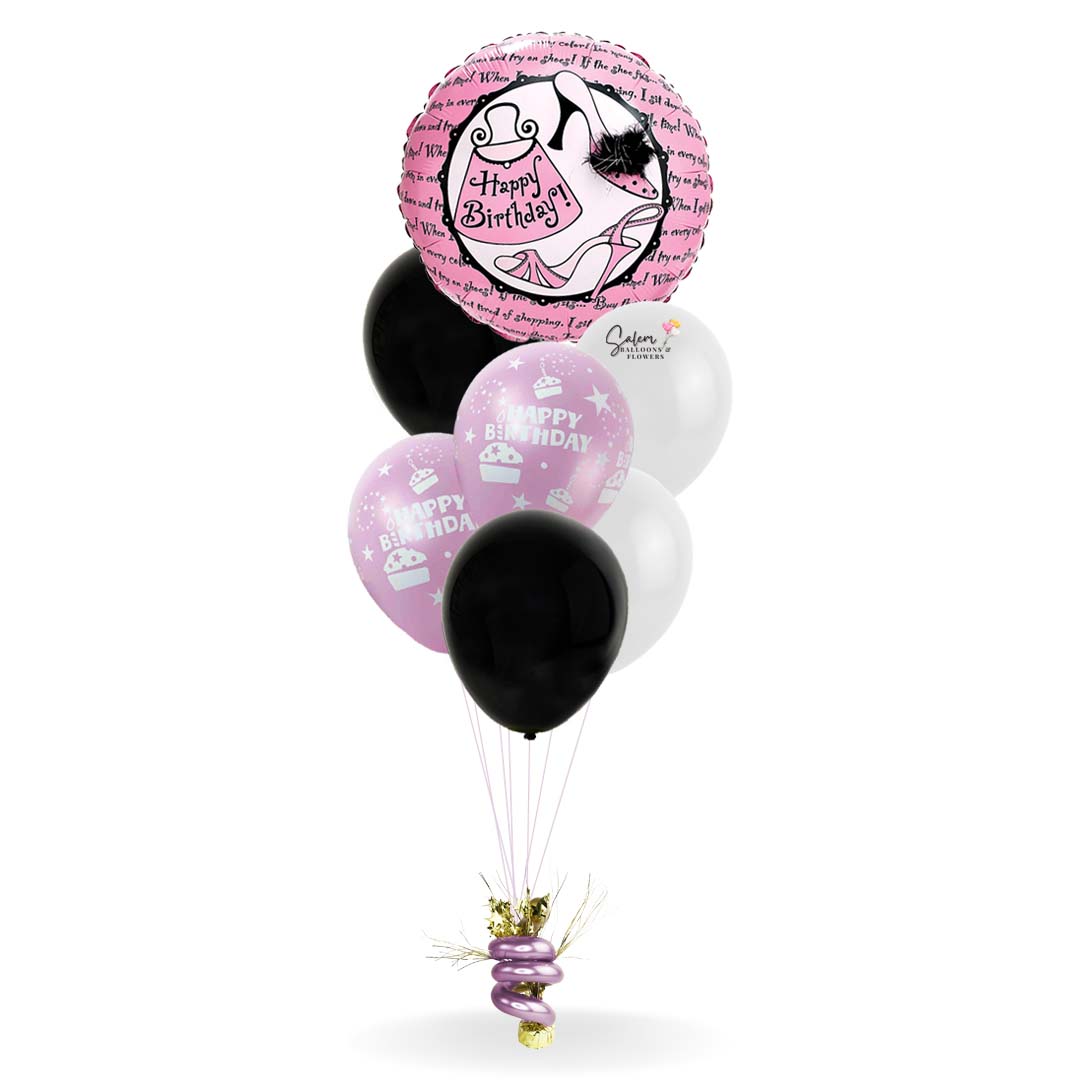 Happy Birthday Classic Balloon Bouquet. Featuring a pink Mylar balloon with a pink shoes, pink purse and a Happy Birthday message, anchored to a decorated weight. Available in 2 different styles. Salem Oregon balloon delivery