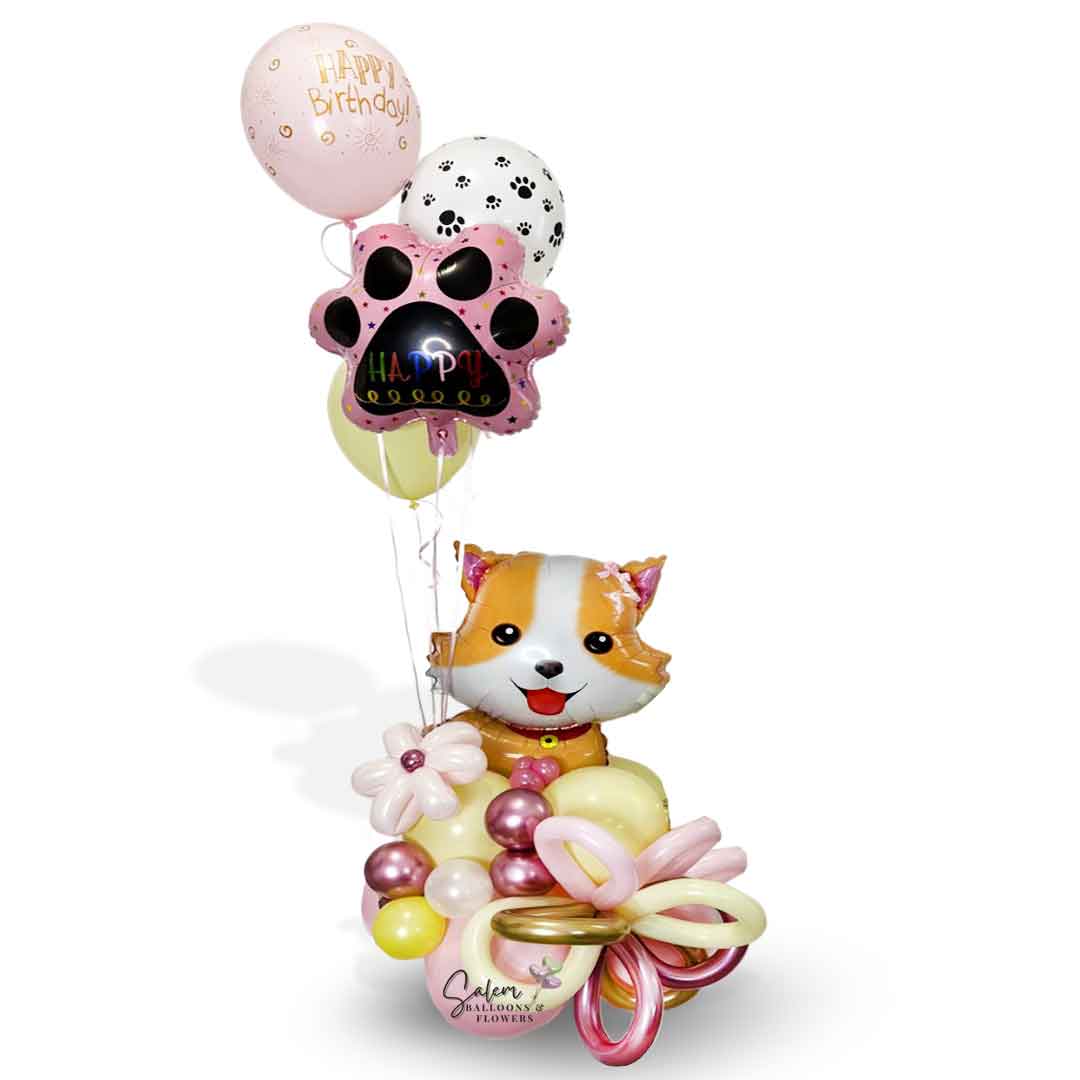 Dog themed birthday balloon bouquet. In pastel colors featuring a cute Corgi dog balloon. Oregon Balloon Delivery.