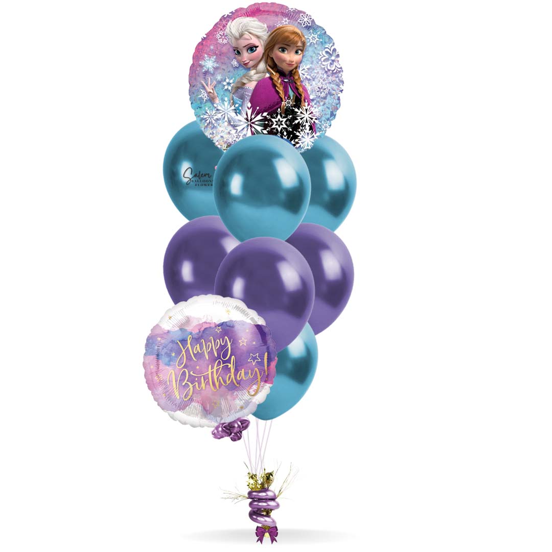Frozen helium balloons. Balloon bouquet featuring a Frozen themed Mylar balloon. Delivery in Salem Oregon and nearby cities.