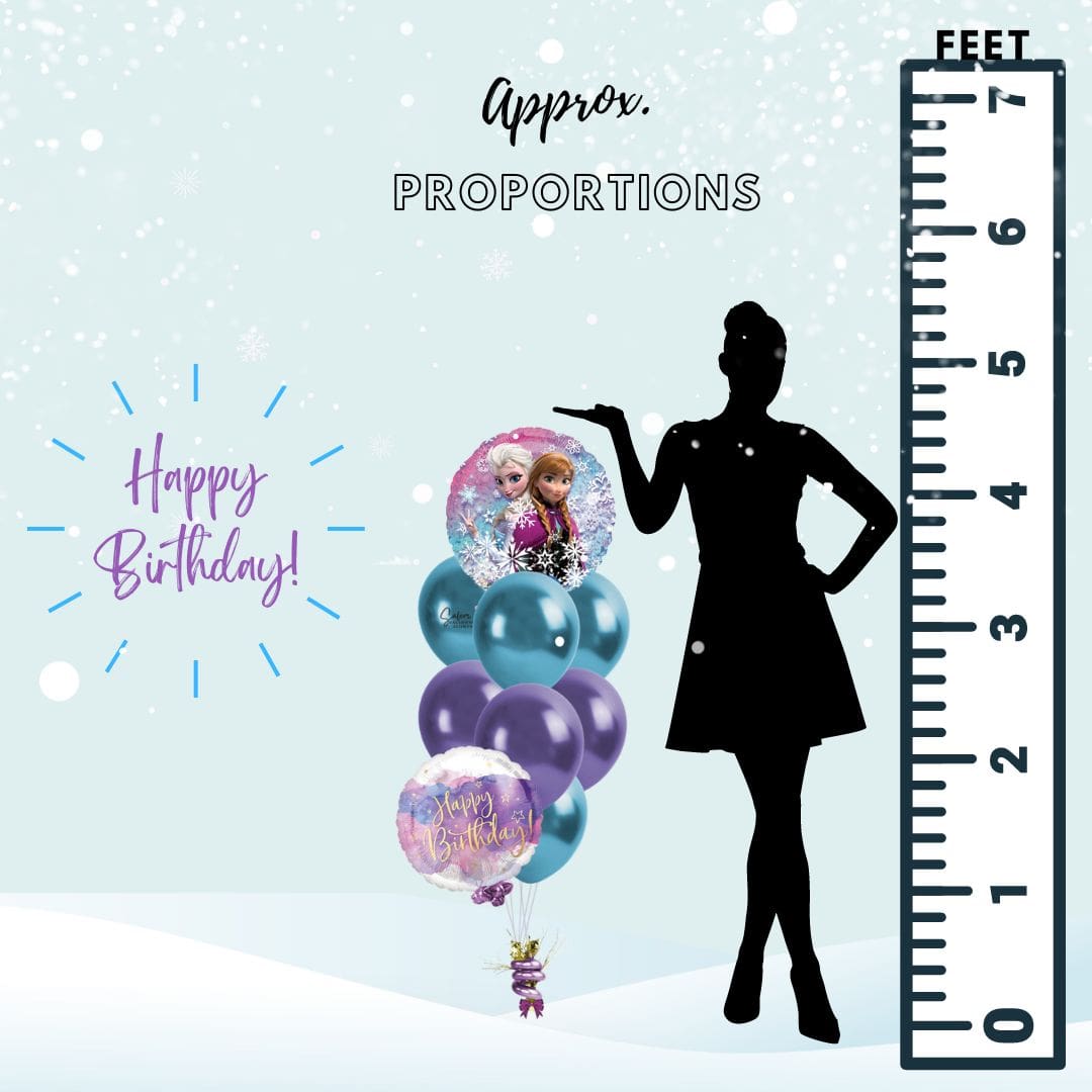 Frozen helium balloons. Balloon bouquet featuring a Frozen themed Mylar balloon. Delivery in Salem Oregon and nearby cities. Dimentions chart showing the balloon boquet is 4ft tall approximately