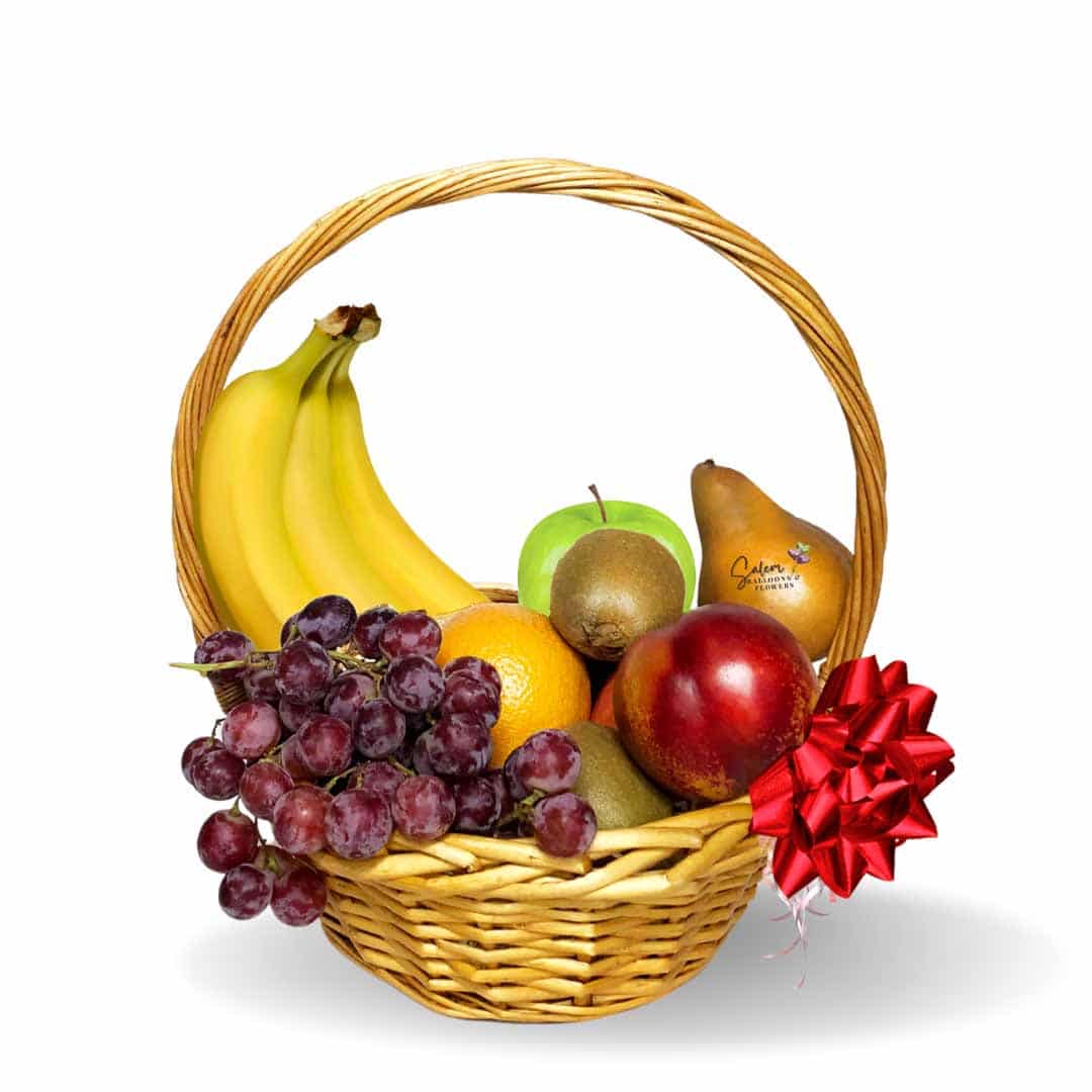 Brown basket filled with bananas, grapes, kiwis, pears, orange and nectarines.  Decorated with a big bow. Fruit baskets Salem Oregon and nearby cities.
