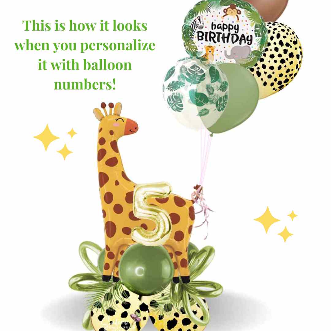 Safari themed balloon bouquet featuring a larg Giraf balloon standing on a balloon base with palm leaves and balloon numbers, bows and a set of helium balloons. Balloons Salem Oregon