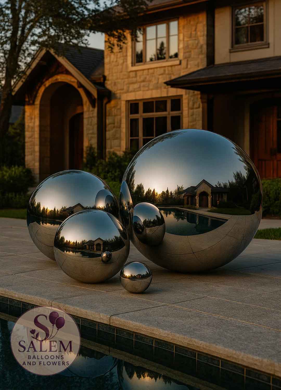 Reflective chrome spheres on a patio with a house in the background. Party rentals Oregon