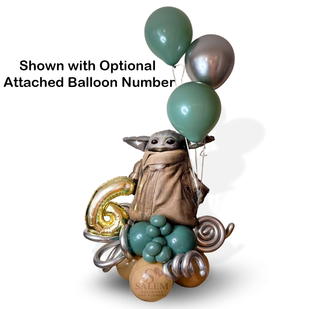 Grogu balloon bouquet with sage green, silver, and gold balloons, shown with an optional attached number balloon for birthdays, delivered in Salem, Oregon and nearby cities in the willamette Valley.