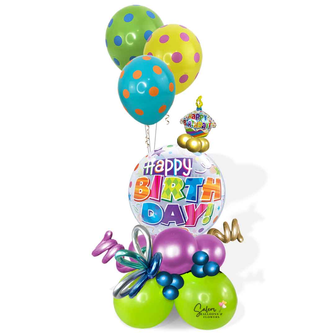 Happy birthday balloon bouquet. Featuring a large and colorful bubble balloon. with a set of polka-dots helium filled balloon bouquet. Delivery available in Salem Oregon and nearby areas.