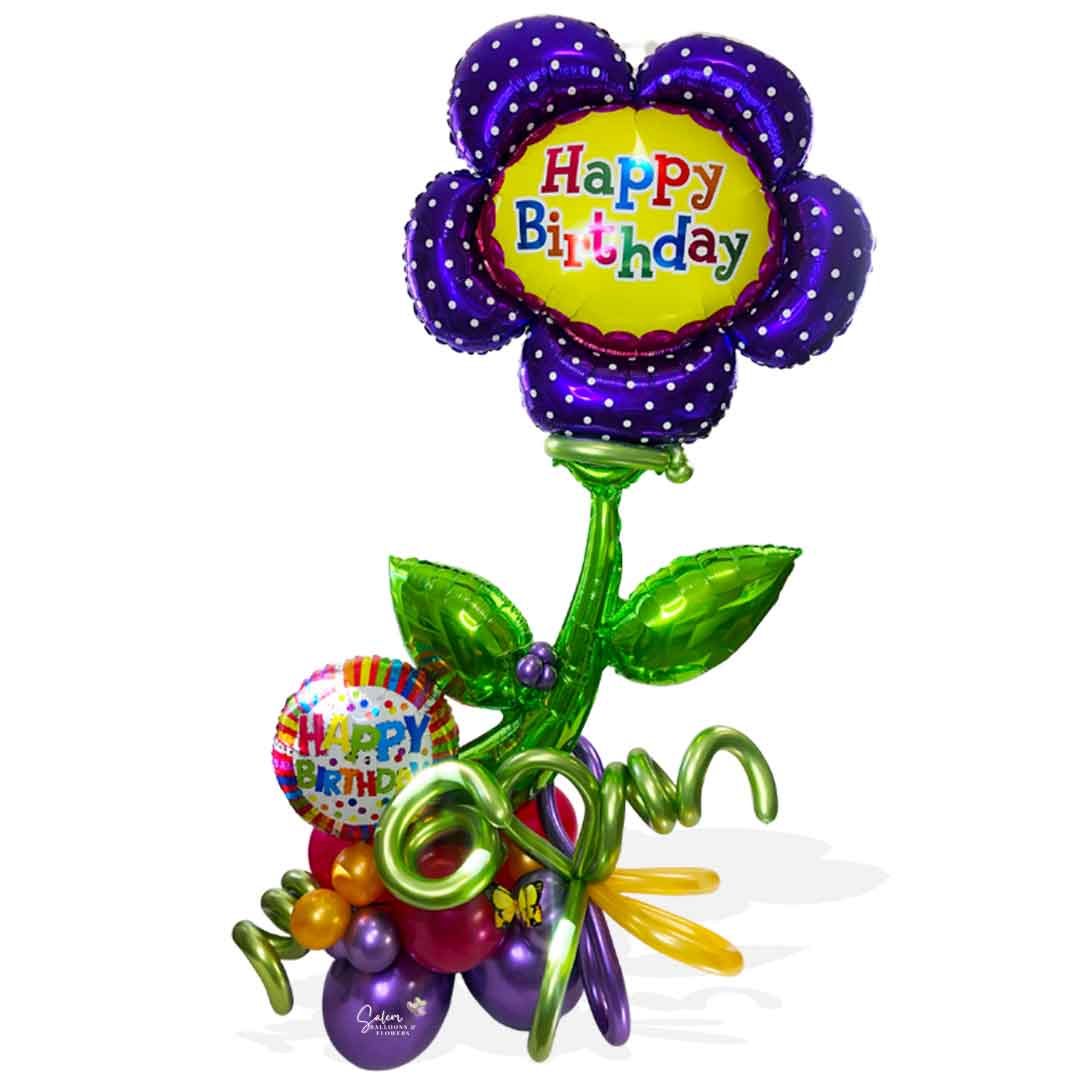 Tall balloon marquee featuring a flower pick. Birthday balloons Salem Oregon and nearby cities.