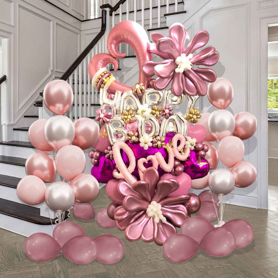 Mega balloon bouquet. with Happy Birthday balloon letters. flowers, and hearts. Salem Oregon balloon decor. Size chart