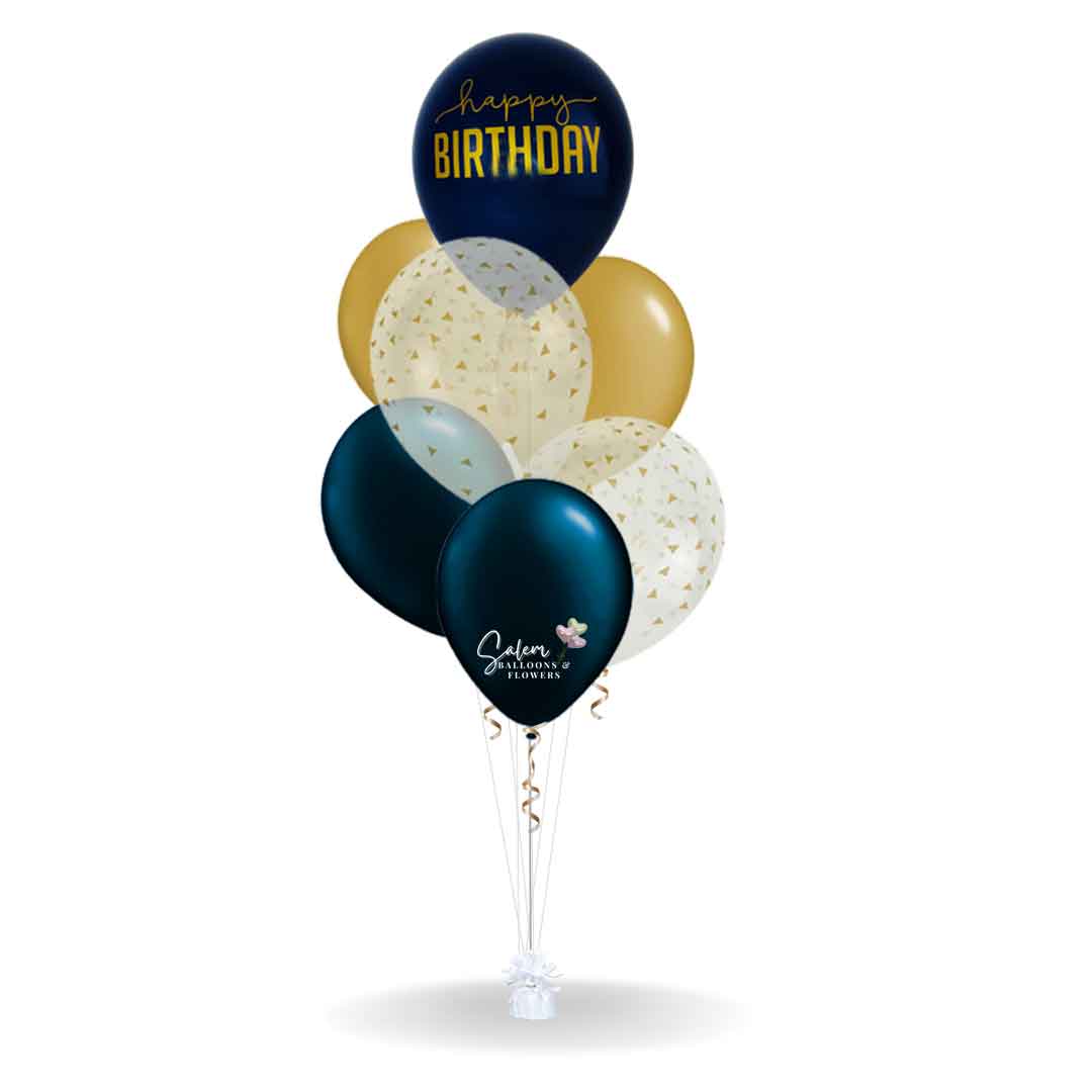 Birthday helium balloons Salem Oregon. Color: Navy blue and gold with a Happy Birthday Message. Only latex balloons.  Delivery Salem Oregon and nearby cities.