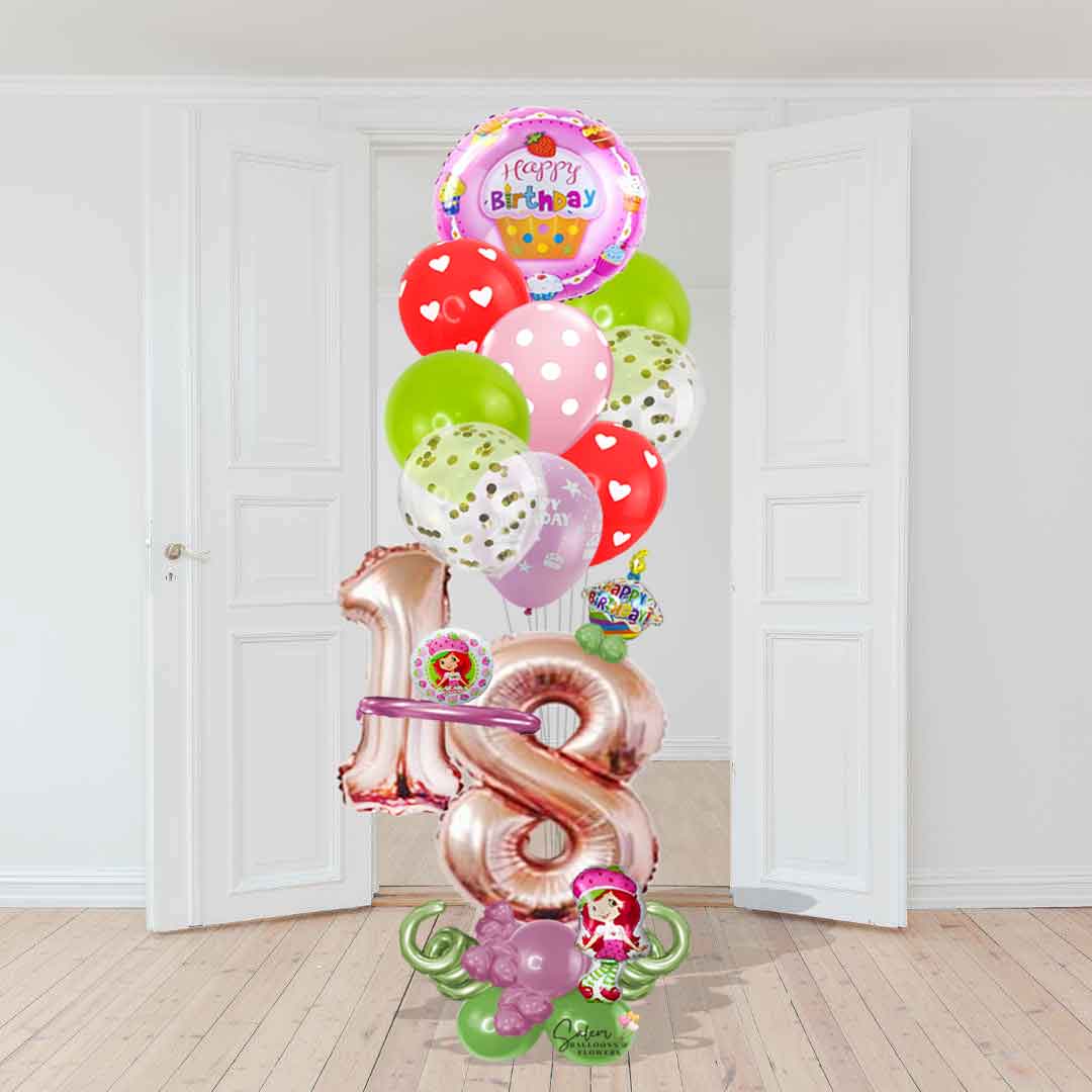6-7 Ft tall rose gold number balloon bouquet with helium balloons. Strawberry shortcake themed. Delivery in Salem Oregon and nearby cities.