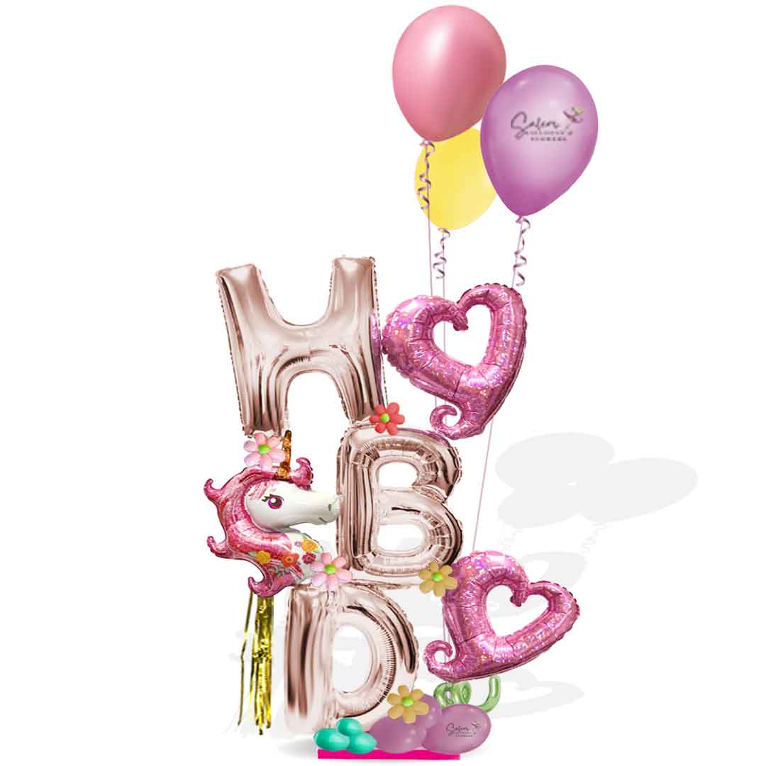 HBD letters balloon arrangement featuring a unicorn in a pink variety of colors and a set of helium balloons. Balloon salem Oregon