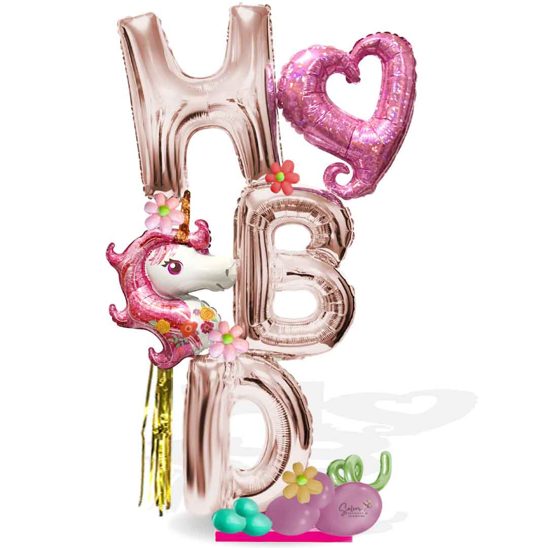HBD letters balloon arrangement featuring a unicorn in a pink variety of colors. Balloon salem Oregon