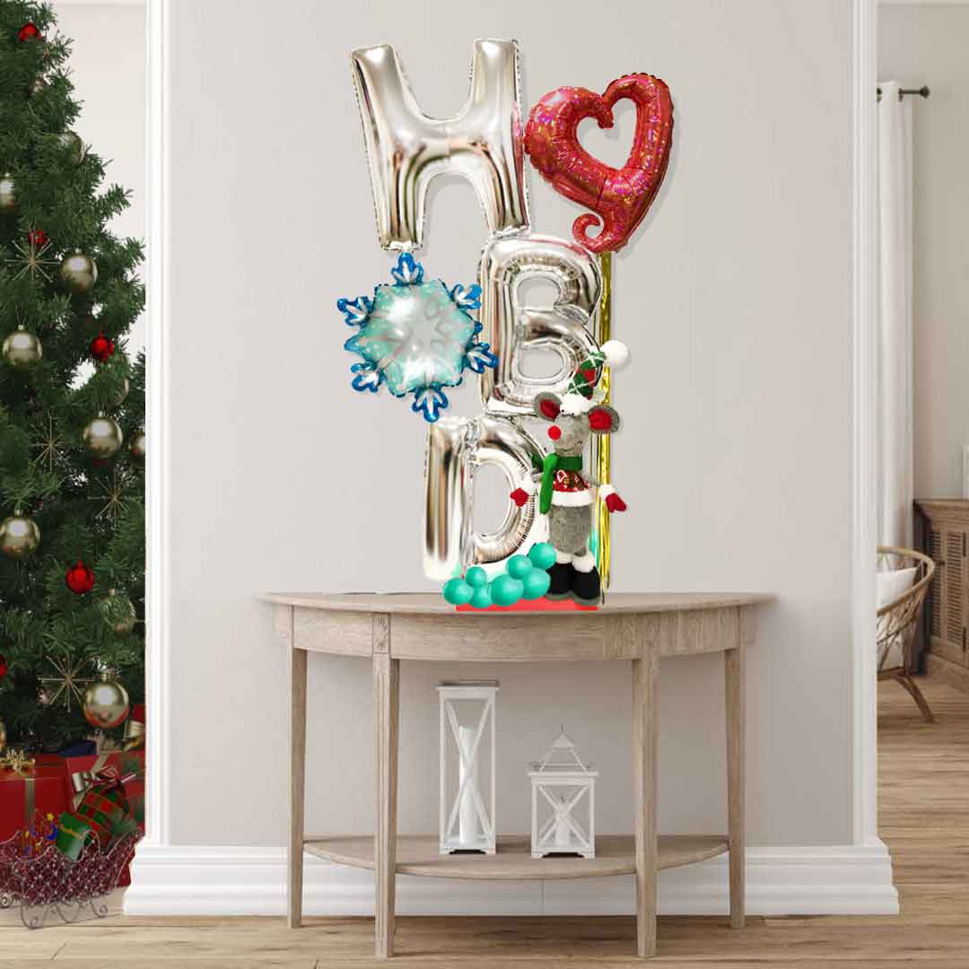 Christmas themed balloon arrangement for birthday with plush and HBD balloon letters. Balloon delivery in Salem Oregon and nearby cities.
