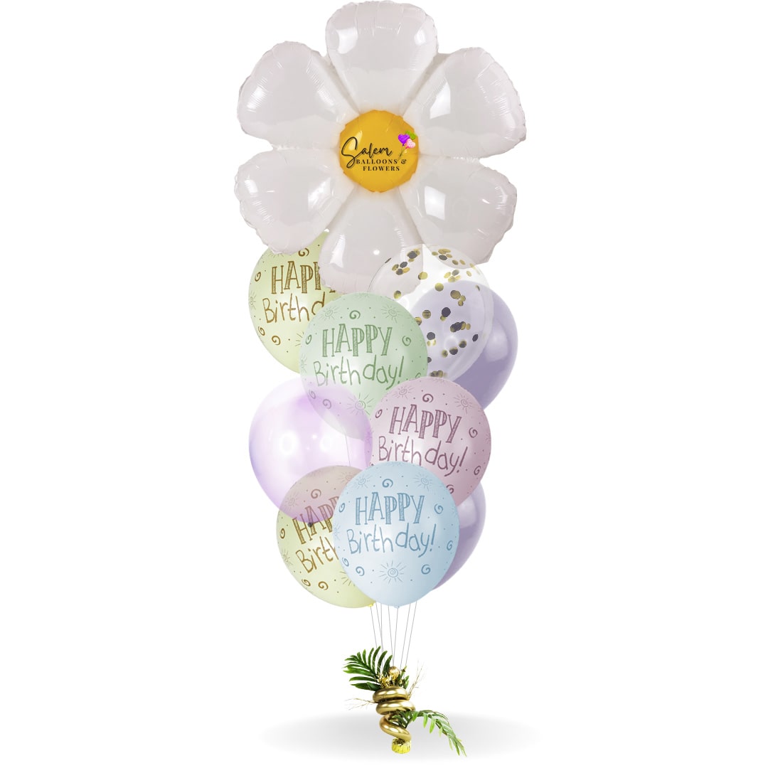Extra tall helium balloon bouquet. Featuring a Large Daisy flower balloon and happy birthday balloons. Delivery available in Salem Oregon and nearby cities.