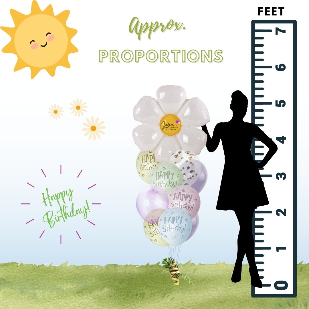 Extra tall helium balloon bouquet. Featuring a Large Daisy flower balloon and happy birthday balloons. Delivery available in Salem Oregon and nearby cities.