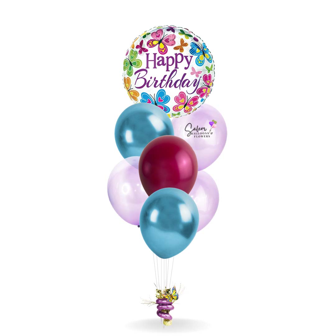 Helium balloon bouquet. Featuring a Happy Birthday Mylar balloon with butterflies. Balloon delivery in Salem Oregon