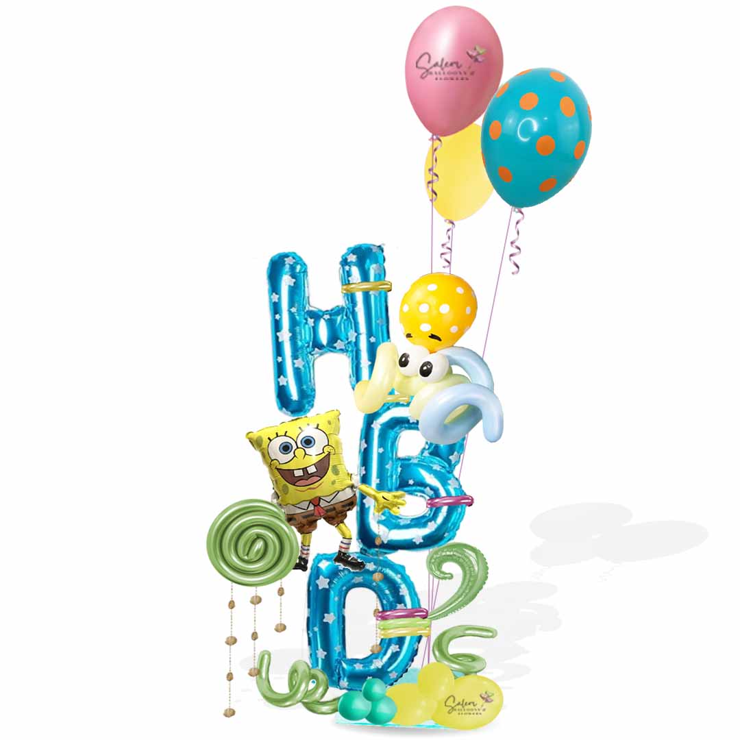 Birthday balloon bouquet with SpongeBob balloon decorated with HBD letters, curly balloons, and helium balloons. Balloons Salem Oregon