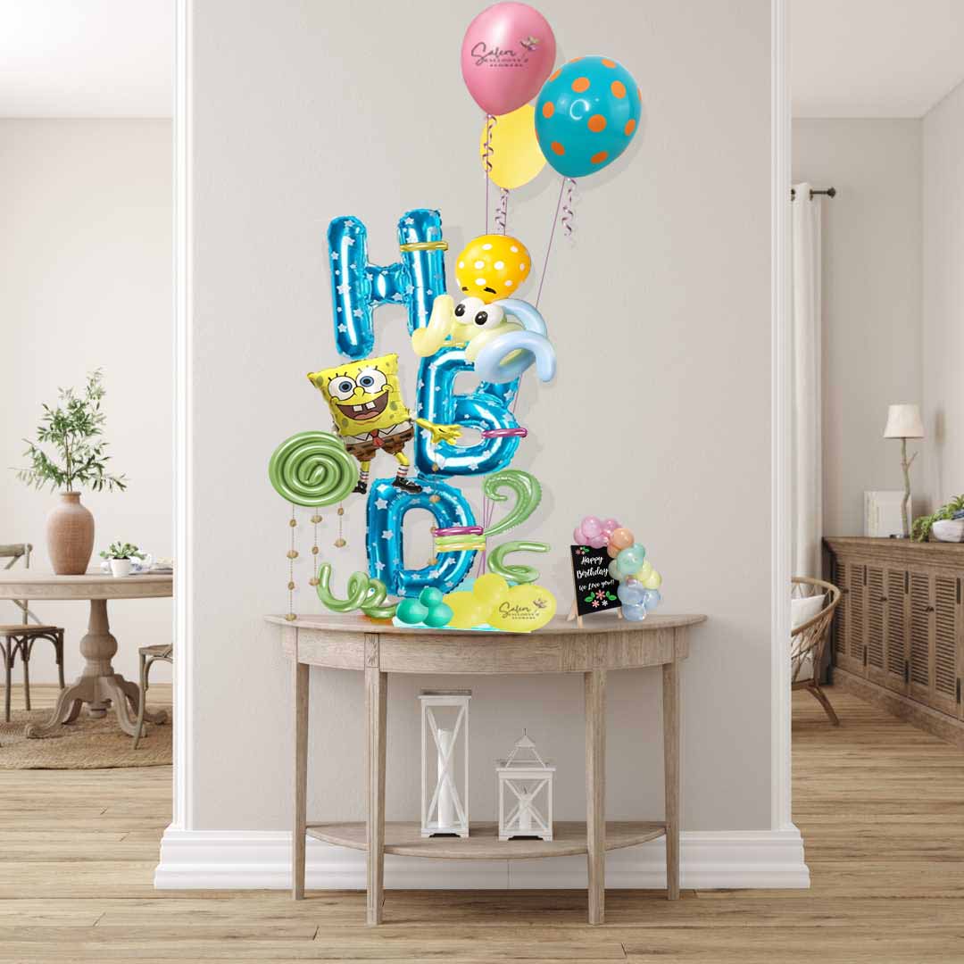 Birthday balloon bouquet with SpongeBob balloon decorated with HBD letters, curly balloons, and helium balloons. Balloons Salem Oregon. Size chart.