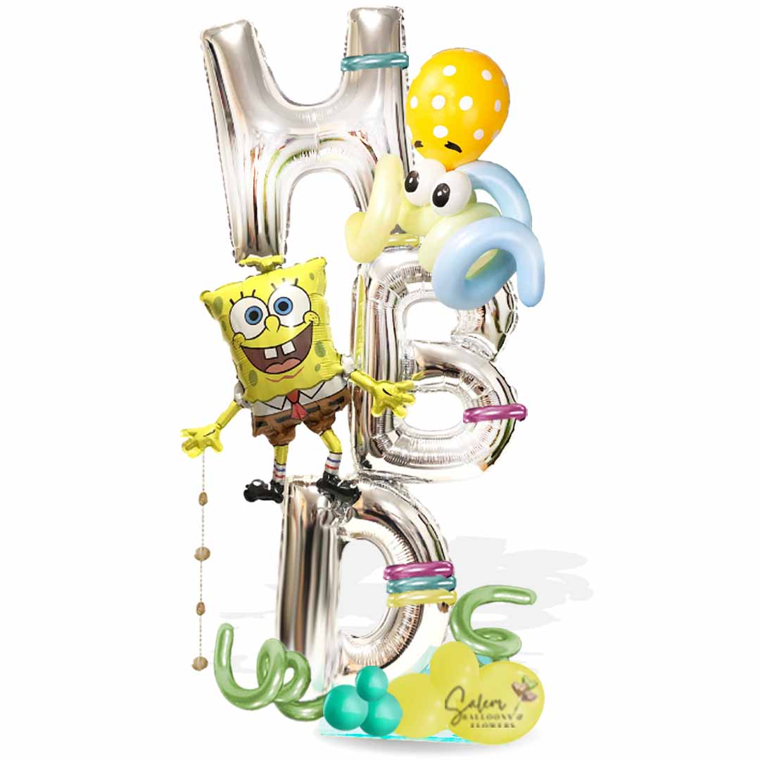 Birthday balloon bouquet with SpongeBob balloon decorated with HBD letters, curly balloons and tinsel. Balloons Salem Oregon