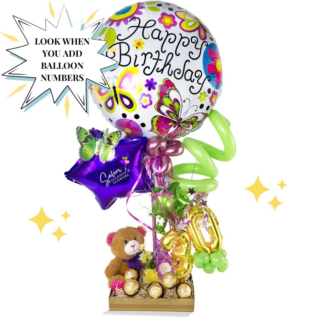 Balloon gift with mini plush and chocolates and balloon numbers. Balloons Salem Oregon