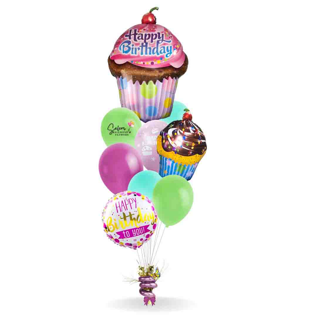 Mega Size Happy Birthday Balloon Bouquet. Featuring an extra large cupcake balloon with a 