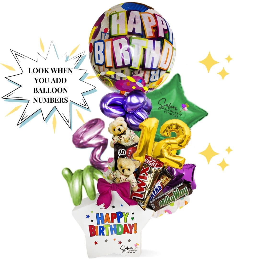 Gorgeous Birthday gift. A ceramic star vase filled with a delicious assortment of Chocolates, colorful Happy Birthday Balloons, The cutest mini Teddy Bears and balloon numbers! Delivery Baloons Salem Oregon and nearby cities.