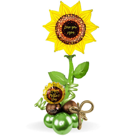 Extra tall Mother's day balloon bouquet. Featuring a Sunflower pick with a "Happy Mother's Day" message and decorated with curly balloons. Salem Oregon balloon delivery.