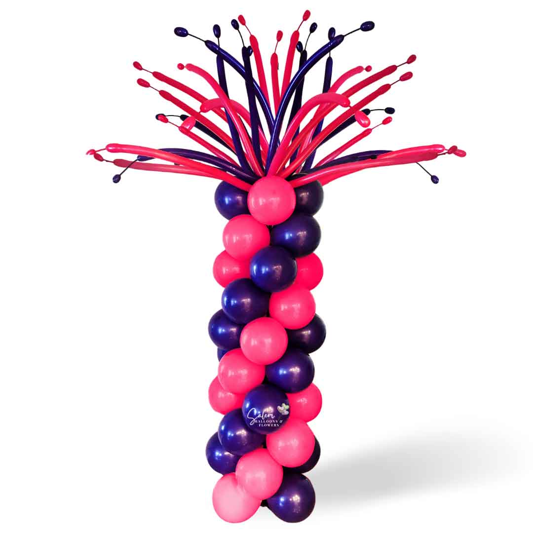 Hairy balloon column, featuring a crazy balloon topper made out of swister balloons in pink and purple. Delivery available in Salem-Keizer Oregon and nearby cities.