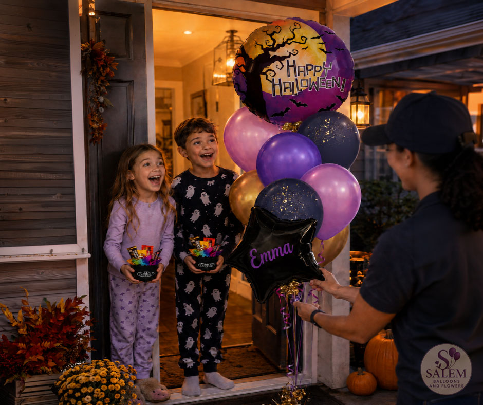 Two kids and an adult stand at a front door holding Halloween-themed balloons and candy baskets. The balloons include a purple 'Happy Halloween' foil balloon, lavender and dark blue balloons, a black personalized star balloon with the name 'Emma' in purple script, and a gold balloon with a spider graphic with a Salem Balloons and Flowers logo at the right bottom corner.