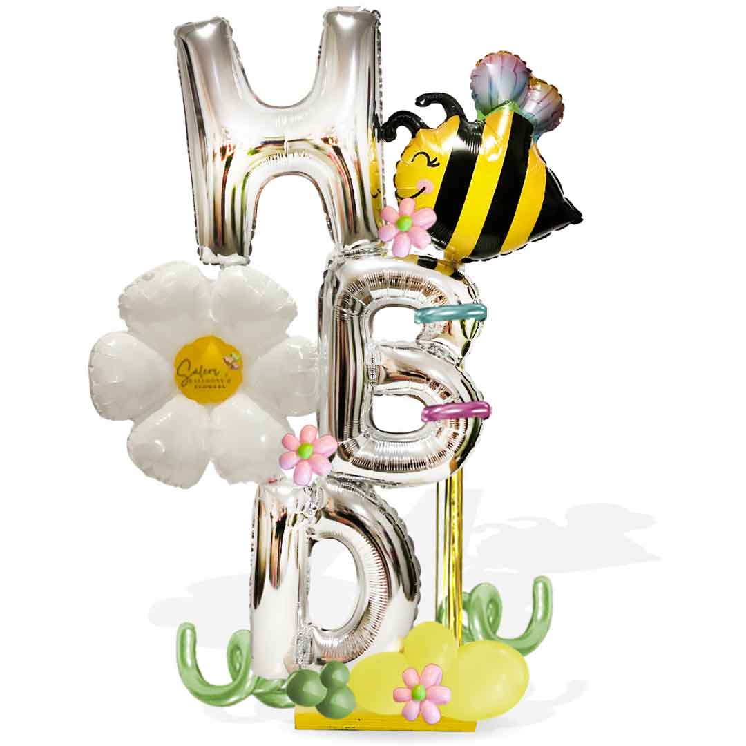 HBD balloon bouquet featuring the cutest bee, daisy flowers and H, B and D balloon letters. Balloon delivery Salem Oregon and nearby cities