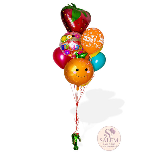 Colorful balloon bouquet with fruit shapes on a white background, featuring the Salem Balloons & Flowers logo. Birthday Balloon delivery. Oregon