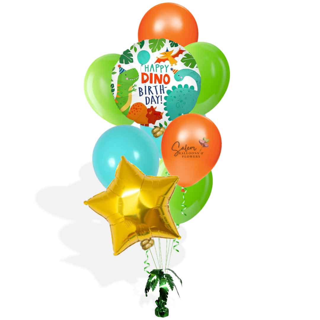 Dinosaur themed balloon bouquet. In a vibrant orange, green and caribbean blue palette. Featuring a "Happy Dino Birthday" message and a palm shaped balloon weight. Balloon delivery Salem Oregon and nearby cities.