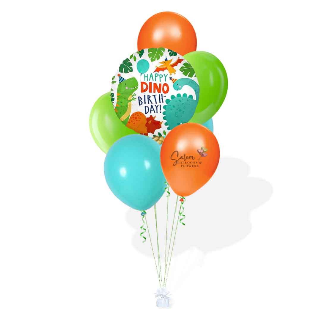 Dinosaur themed balloon bouquet. In a vibrant orange, green and caribbean blue palette. Featuring a "Happy Dino Birthday" message. Balloon delivery Salem Oregon and nearby cities.
